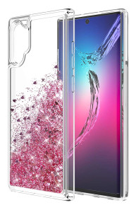 Луксозен силиконов гръб ТПУ FASHION с течност и розов брокат за Samsung Galaxy Note 10 Plus N975F прозрачен